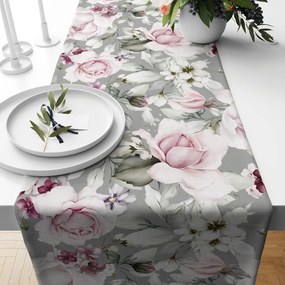 Asztali futó bazsarózsa nyomtatással szürke színben Szélesség: 40 cm | Hosszúság: 90 cm