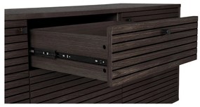 Kyoto komód 3 fiókkal, 2 ajtóval, tölgyfa furnér, füstölt, fekete fém lábakkal, 150x40x74 cm