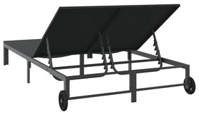 Napozóágy Párnákkal és Kerekekkel 2 Személyes Fekete Poli Rattan
