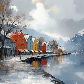 Vászonkép Canvas Norvégia Hegyek Bergen Bérházak Fjord Tél 80x80