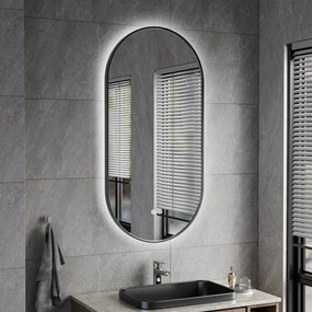Erga Freya, ovális LED tükör 50x100cm fekete fém keretben, 3 világos szín, háttérvilágítás, páramentes fűtőpárna, ERG-V01-FREYA-5010-BK