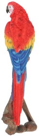 Faágon ülő papagáj polyresin szobor, piros, kültéri és beltéri dekorációs kiegészítő
