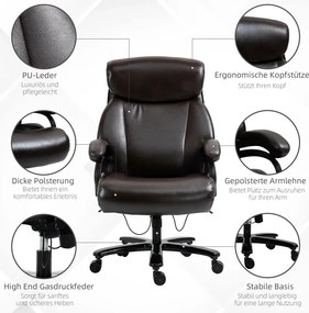 Vinsetto Főnöki irodai szék, 180 kg teherbírás, ergonomikus kialakítás, állítható magasságú, műbőr, barna.