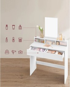 Fésülködőasztal nagy tükörrel, 2 fiókkal, modern kozmetikai asztal, fehér