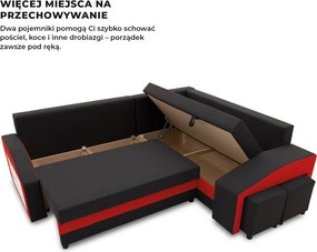 Grande sarokkanapé polcokkal és puffokkal , polc a bal karfaban puffok a jobb karfaban, jobboldali, szövet anyag, hab töltet, fekete - piros