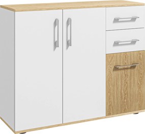 HOMCOM Modern Nappali Vitrin Konyhai Oldalszekrény 2 Fiokkal, 2 Szekrénnyel és Állítható Polccal | 90x30x75.5 cm Fehér és Natúr | Aosom