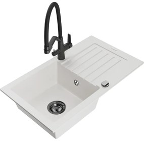 Mexen Pablo egytálcás gránit mosogató csepegtetővel és Duo konyhai csapteleppel, fehér - 6510-20-671701-70-B