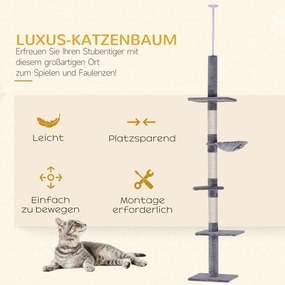 PawHut mennyezetre szerelhető, állítható macskafa, 40 x 34 x 230-260 cm szürke