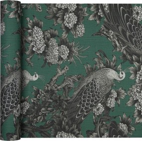 Retro stílusú tapéta pávás, buja növényzettel és virágokkal, vlies alapon