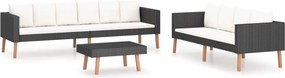 vidaXL 3 részes fekete polyrattan kerti ülőgarnitúra párnákkal