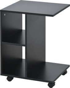 HOMCOM Modern C-alakú Oldalsó Asztal Kerekekkel, Nyitott Polcokkal a Nappaliba és Hálószobába, 45x35x58 cm, Fekete | Aosom