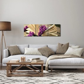 Kép egy könyvröl és a lila virágok (órával) (90x30 cm)