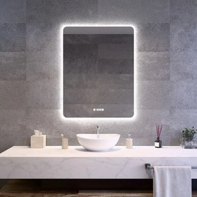 Álló fürdőszobai LED tükör 70x90cm | Páramentesítő funkció - Beépített óra - Fényerő és színhőmérséklet szabályozás | Welland Luxury-Line G1095