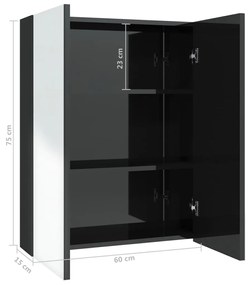 fényes fekete MDF tükrös fürdőszobaszekrény 60 x 15 x 75 cm