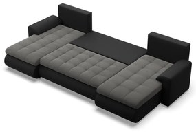Tokio U alakú sarokkanapé, 3 ágyneműtartóval, bársony + műbőr, univerzális oldal, szürke - fekete