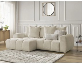 Bézs buklé kinyitható-tárolóhelyes sarokkanapé (bal oldali-heverő résszel) Roxelane – Bobochic Paris