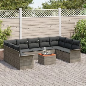 10 Darabos Kerti Kanapé Szett Párnákkal Szürke Poli Rattan Akácia, 2 Személyes Kerti Kanapé Tárolóval és Párnákkal Szürke Poli Rattan