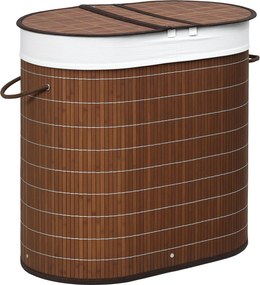 HOMCOM Bambusz Mosás Kosár Tetővel, 2 Rekeszes, 100 L-es Mosni Kosár Fogantyúkkal, Kivehető Mosás Táskával, Mosás Különválasztó a Mosókonyhába, Hálósz