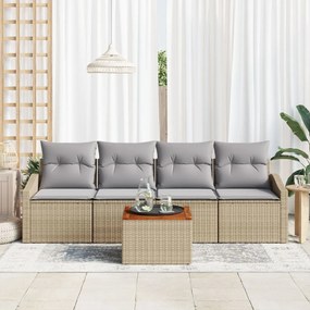 5 Darabos Kerti Kanapé Szett Párnákkal Bézs Poli Rattan Akáciával