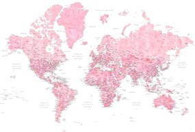 Detailed pink watercolor world map, Damla Térképe, Blursbyai, (40 x 26.7 cm)