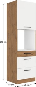 Magas szekrény beépített sütőnek, lancelot tölgy/ fehér extra magas fényű HG, VEGA 60 DPS-210 3S 1F
