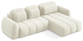 Bézs buklé kinyitható-tárolóhelyes sarokkanapé (jobb oldali-heverő résszel) Pele – Makamii