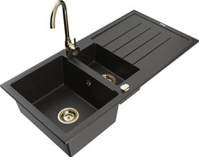 Mexen Andres gránit mosogató 1,5 rekeszes csöpögtetővel és Telma konyhai csappal, fekete/arany - 6515-75-670200-50