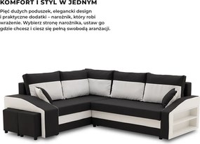 Grande sarokkanapé polcokkal és puffokkal , polc a jobb karfaban puffok a bal karfaban, baloldali, szövet anyag, bonell töltet, fekete - fehér