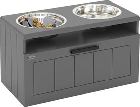 PawHut Kutyatálak, Emelt Etetőállomás 2 Rozsdamentes Acél Tálcával, Lassú Etető Alátét, Kutyatál Állvány 25L Tárolóval, Ételtál, Vízitál Nagy és Extra