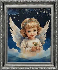 Vászonkép 31x26 Őrangyal Angyal Ezüst Díszített Keresztelő Ajándék Keret