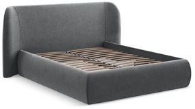 Sötétszürke kárpitozott ágyneműtartós franciaágy ágyráccsal 160x200 cm Hauke – Makamii