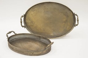 Antikolt feketített réz színű fém 2db-os tálca szett míves fogantyúval 8x46x30,5 / 8x40x27cm