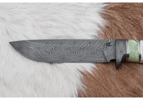 Exkluzív damaszkuszi kés 13 cm szerpentinit/rénszarvas agancs
