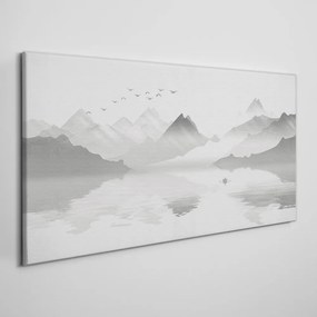 Vászonkép Absztrakciós tó hegyek madarak