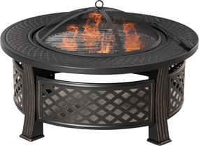Outsunny Tűzrakóhely Pokerrel és Szikravédő Rácsos Tűzrakó Asztal, Kerek Tűzrakóhely a Kerthez, Kempinghez, BBQ-hoz, Acél Fekete 81 x 81 x 50 cm | Aos