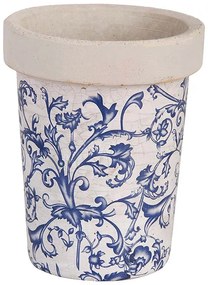 Mediterrán stílusú kerámia virágcserép, kék fehér mintás, 12 cm átmérőjű, kültéri és beltéri dekorációs kiegészítő