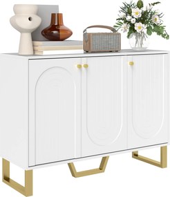 HOMCOM 3 Ajtós Oldalszekrény Modern Nappali Oldalszekrény Állítható Polcokkal és Arany Lábbal Étkezőbe, Előszobába, TV Állványhoz Maximum 50 inch-ig F