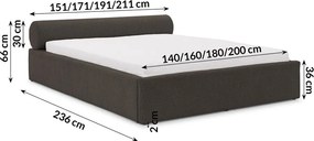 Sötétszürke kárpitozott ágyneműtartós franciaágy ágyráccsal 180x200 cm Cille – Ropez