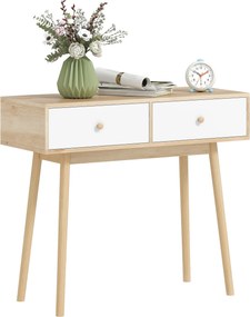 HOMCOM Keskeny Konzol Asztal Előszobai Konzol Asztal Kanapé Asztal 2 Fiókkal Modern Stílus Előszobához, Nappaliba, Hálószobába Tölgy színben | Aosom