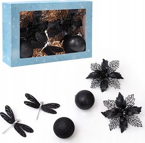Karácsonyfadísz szett virág, gömb, szitakötő, fekete
