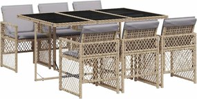 vidaXL 7 részes bézs polyrattan kerti étkezőgarnitúra párnákkal