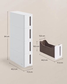 Keskeny gurulós tárolószekrény, 4 fiókkal, 40 L, 17,3 x 45,2 x 84 cm, felhőfehér