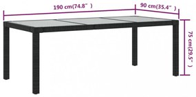 fekete polyrattan és edzett üveg kerti asztal 190 x 90 x 75 cm