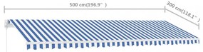 kék és fehér kézzel kihúzható póznás napellenző 500 x 300 cm