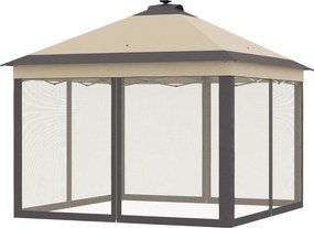 Outsunny Összecsukható Kertiszín LED világítással 3.3x3.3 m Tájvédelmi Tető Távirányítóval 4 Szúnyogháló Oldalfallal Magasságállítható és Hordtáskával