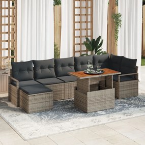 8 darabos kertibútor szett párnákkal Szürke Poli rattan Akác, 2 személyes kertibútor párnákkal Szürke Poli rattan