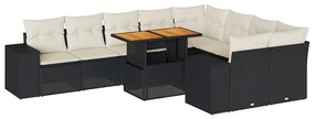 10 részes fekete polyrattan akácfa kerti ülőgarnitúra párnákkal