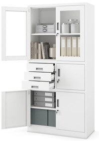 Fém iratszekrény széffel, vitrinnel és fiókokkal FILIP, 900 x 1850 x 400 mm, fehér