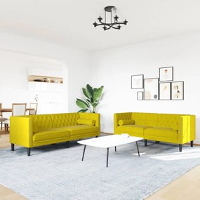 2 részes sárga bársony Chesterfield kanapészett hengerpárnákkal