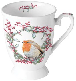 Karácsonyi porcelán bögre vörösbegy Robin In Wreath 250 ml